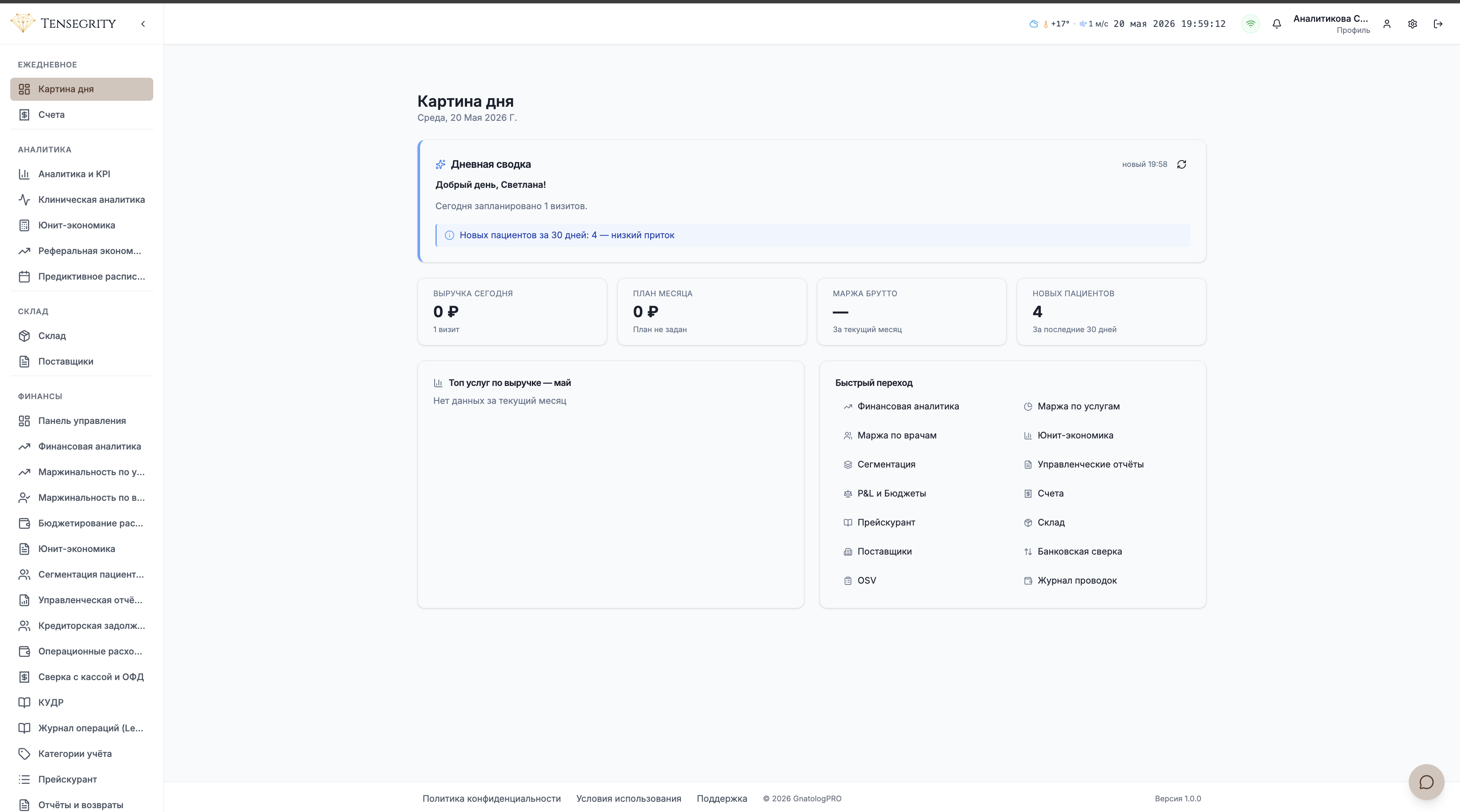 Картина дня — дневная сводка, выручка, KPI и быстрые переходы